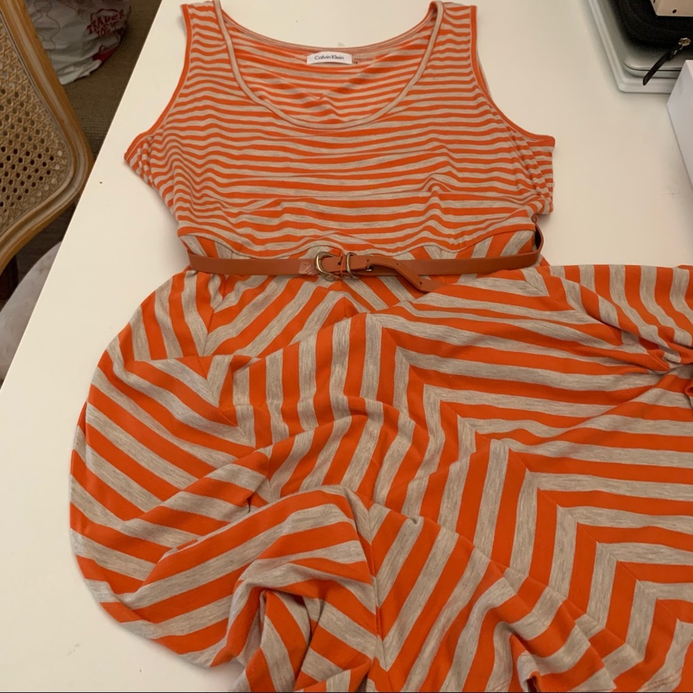 NWOT Calvin Klein striped orange/white, dress with belt, size 12